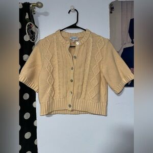 Pale Yellow Cable-Knit Short Sleeve Cardigan